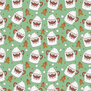 Santa Mugs, Hot Cocoa, Marshmallows, and Gingerbread Men-green, Christmas Fabric, Santa Fabric, African American Santa 