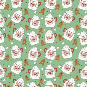 Santa Mugs, Hot Cocoa, Marshmallows, and Gingerbread Men-green, Christmas Fabric, Santa Fabric