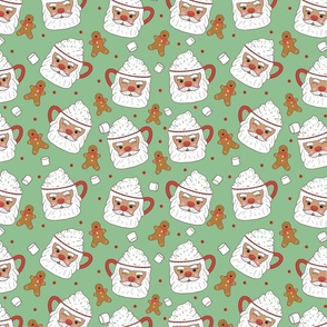 Santa Mugs, Hot Cocoa, Marshmallows, and Gingerbread Men-green, Christmas Fabric, Santa Fabric, Brown Santa
