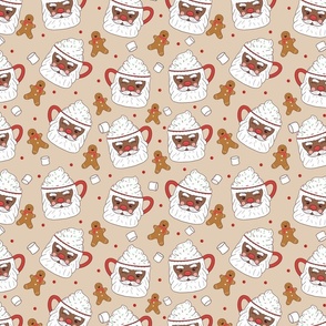 Santa Mugs with Hot Cocoa Whipped Cream Sprinkles and Gingerbread Men-cream,Christmas Fabric, Santa Fabric, African American Santa 