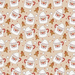 Santa Mugs with Hot Cocoa Whipped Cream Sprinkles and Gingerbread Men-cream,Christmas Fabric, Santa Fabric 