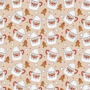 Santa Mugs, Hot Cocoa, Marshmallows, Whipped Cream, and Gingerbread Men-cream, Christmas Fabric, Santa Fabric