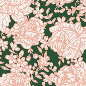 Cabbage Roses in Peach & Forest Green (large scale)