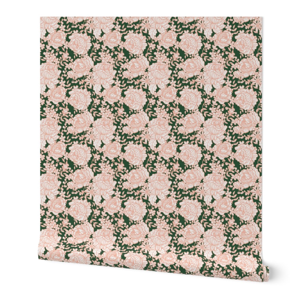 Cabbage Roses in Peach and Forest Green with Ivory (medium scale)