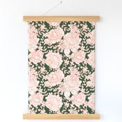 Cabbage Roses in Peach and Forest Green with Ivory (medium scale)