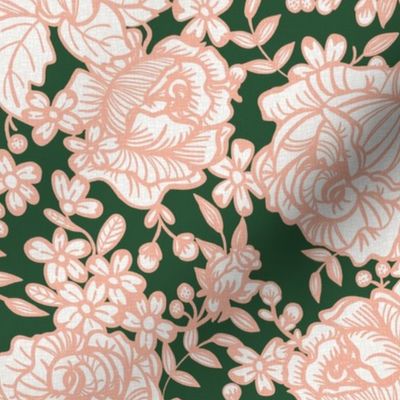 Cabbage Roses in Peach and Forest Green with Ivory (medium scale)