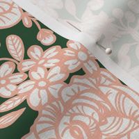 Cabbage Roses in Peach and Forest Green with Ivory (medium scale)
