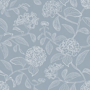 Medium scale blue and white trailing floral hydrangea for wallpaper and home decor