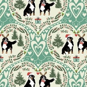 Bernese Mountain Dogs Merry Christmas Folk Art Hearts mint green with red holly berries and evergreen trees