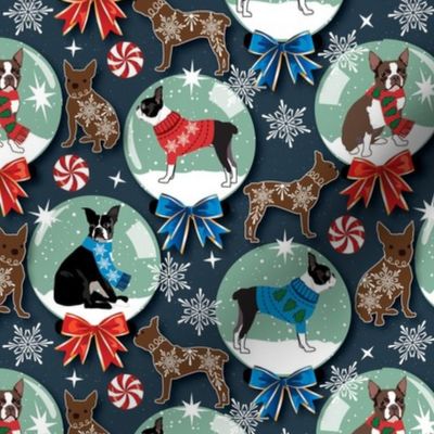 Boston Terrier Dogs wearing sweaters in Snow Globe Gingerbread dog cookies blue and red ribbon