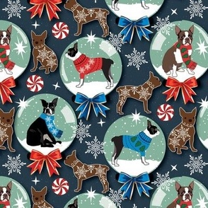 Boston Terrier Dogs wearing sweaters in Snow Globe Gingerbread dog cookies blue and red ribbon