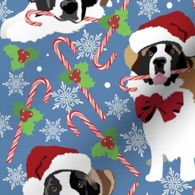 large print // St Bernard dogs Christmas candy canes red blue snowflakes santa hat 