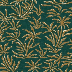 Vintage Tropical Jungle - Golden Brown Palms on Emerald Green / Large