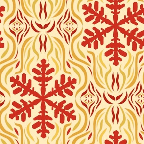 Apricity: Winter fire, snowflakes and flames in red and yellow, 18" 