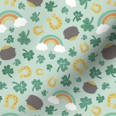 St Patrick’s Day, shamrock, rainbow, pot gold, horseshoe on light mint 7x7