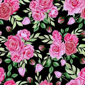 Watercolour pink roses, black background. Seamless floral pattern-293.