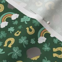 St Patrick’s Day, shamrock, rainbow, pot gold, horseshoe on dark green 4.5