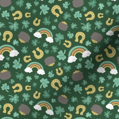 St Patrick’s Day, shamrock, rainbow, pot gold, horseshoe on dark green 4.5