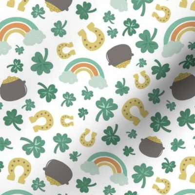 7x7 St Patrick’s Day, shamrock, rainbow, pot gold, horseshoe on white 