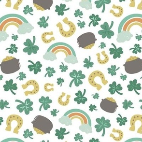7x7 St Patrick’s Day, shamrock, rainbow, pot gold, horseshoe on white 