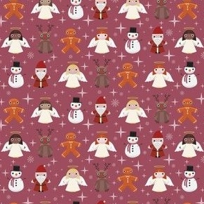 Mini - Cute Geometric Christmas Characters & Festive Stars - Claret Red