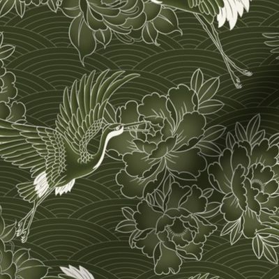 medium // Updated Japanese cranes, peonies and clouds on dark olive