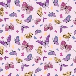 Yellow, Blue, Pink, and Purple Butterflies on Pink