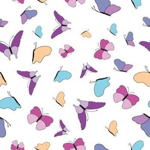 Blue, Purple, Pink, Teal and Yellow Butterflies on White