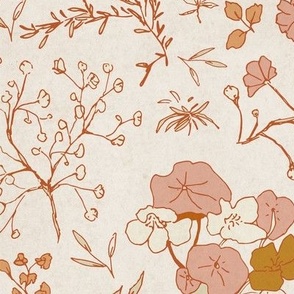 Medium scale sweet and nostalgic pattern of small wildflowers in warm neutral earth tones