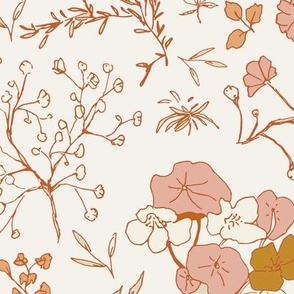 Medium scale sweet and nostalgic pattern of small wildflowers in warm neutral earth tones