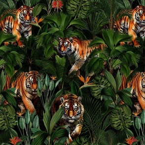Tropical Green Jungle Rainforest With Watercolor Tiger - Dark Night