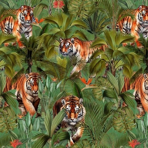 Tropical Green Jungle Rainforest With Watercolor Tiger