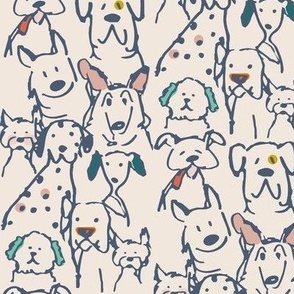Color Pop Doodle Dogs, Mid Century Modern Palette, Muted Off White Background Navy Outlines