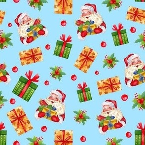 Medium Scale Santa Claus and Christmas Gifts on Blue
