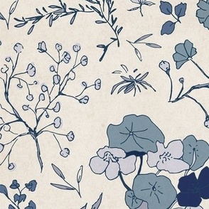 Medium scale sweet and nostalgic pattern of small wildflowers in indigo and light blue