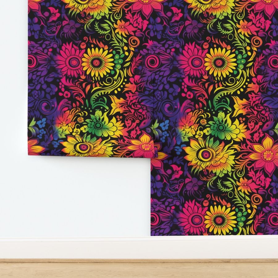 Nearly Neon Lisa Frank Style Floral Rainbow Resist on black