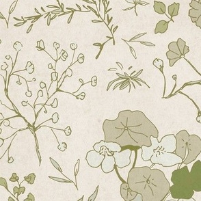 Medium scale sweet and nostalgic pattern of small wildflowers in olive, and light green