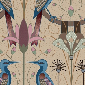 Elegant Art Nouveau birds and flowers in pink, teal, and dark blue, arranged in a symmetrical pattern