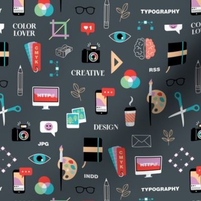 Creative business and designer icons - cute illustrations camera coffee art supplies and essentials pink blue green on charcoal