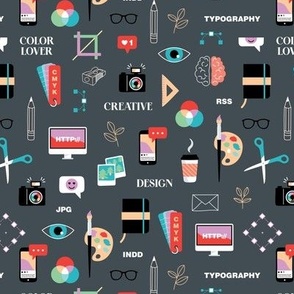 Creative business and designer icons - cute illustrations camera coffee art supplies and essentials pink blue green on charcoal