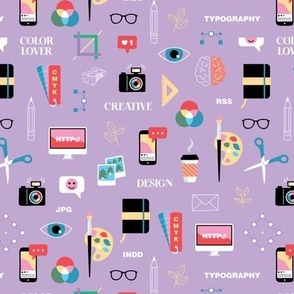 Creative business  social media manager and designer icons - cute illustrations camera coffee art supplies and essentials pink blue green on lilac