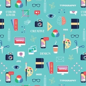 Creative business  social media manager and designer icons - cute illustrations camera coffee art supplies and essentials pink blue green on aqua blue