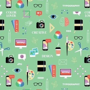 Creative business  social media manager and designer icons - cute illustrations camera coffee art supplies and essentials pink blue green on mint green