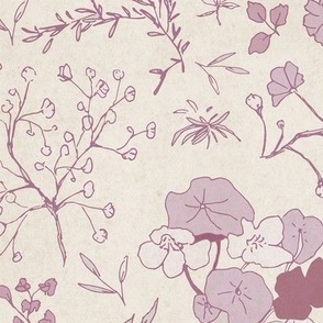 Medium scale sweet and nostalgic pattern of small wildflowers in mauve and lilac
