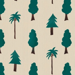 Woodland Forest Pine Tree and Coconut Palm Tree Hand Drawn Kids Fabric Ft East Fork Night Swim Molasses