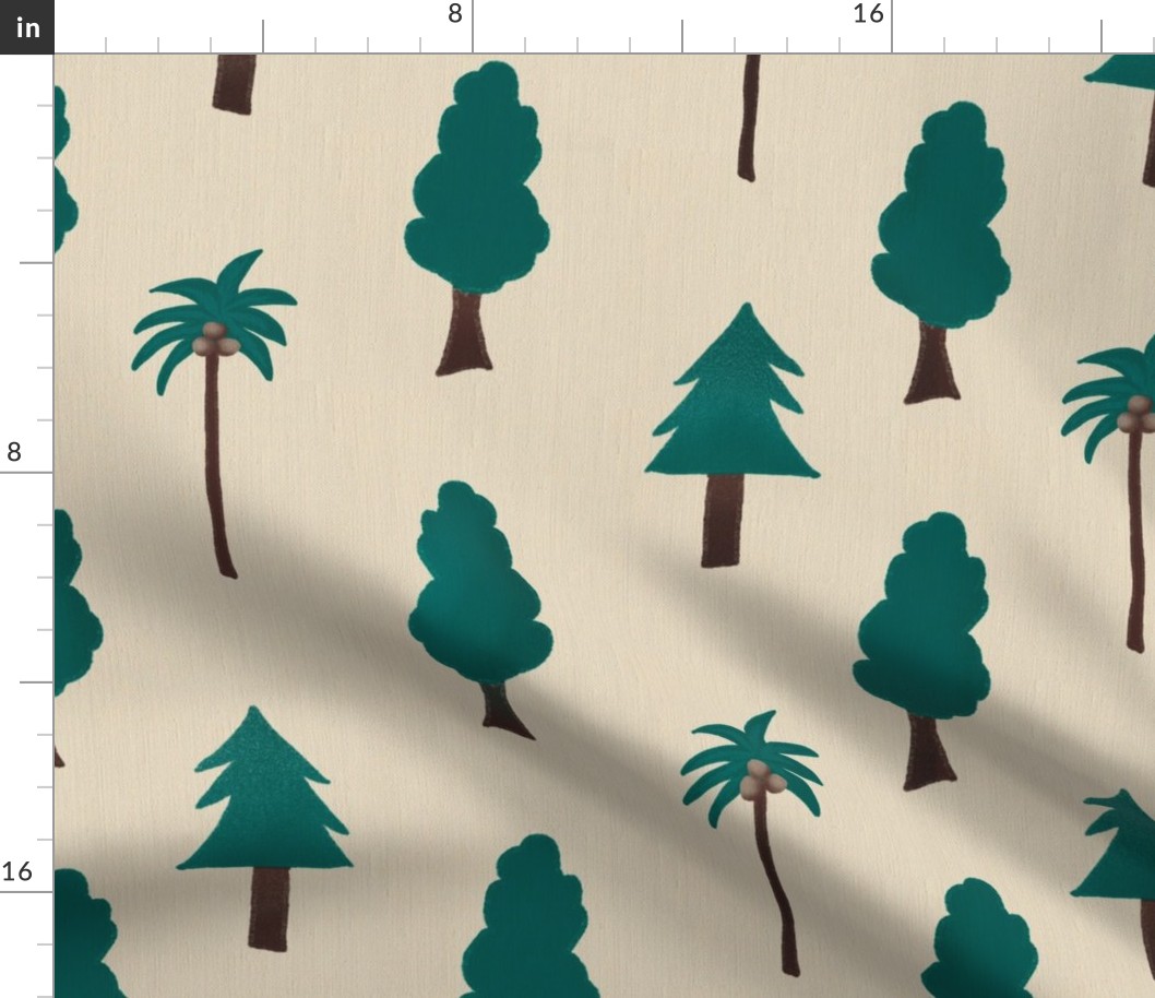 Woodland Forest Pine Tree and Coconut Palm Tree Hand Drawn Kids Fabric Ft East Fork Night Swim Molasses