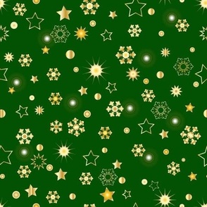 Christmas gold stars snowflake green 9''