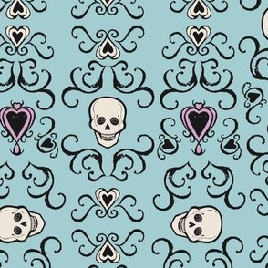 Pastel gothic style pattern in mint green, pink, yellow and black “Death becomes us”