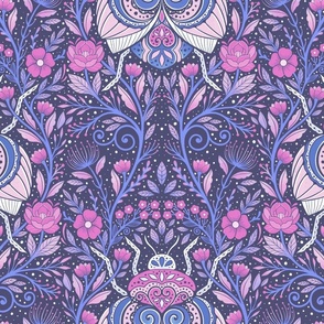  Floral beetle garden with beautiful motifs  - pink and purple -  home decor - wallpaper - elegant - whimsical .