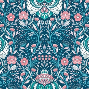  Floral beetle garden with beautiful motifs  - pink, green and blue -  home decor - wallpaper - elegant - whimsical 